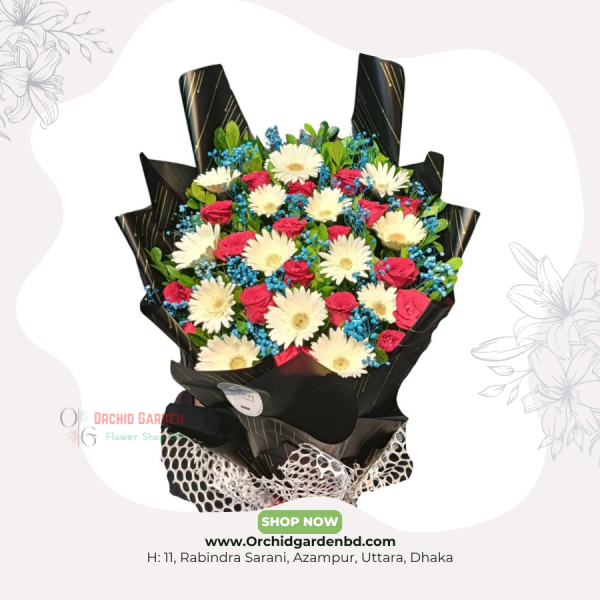 Premium Mixed Gerbera & Rose Bouquet – Black Elegant Wrap
