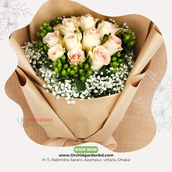 Peach & White Rose Rustic Bouquet – Craft Paper Edition