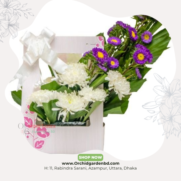 White & Purple Bloom Box Arrangement