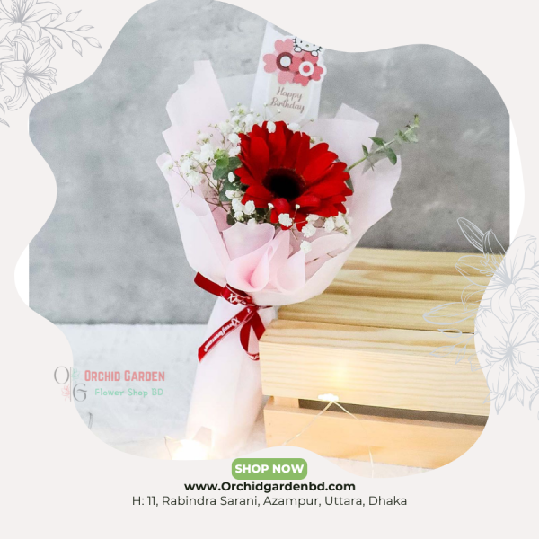 Red Gerbera Baby’s Breath Pink Wrap Bouquet