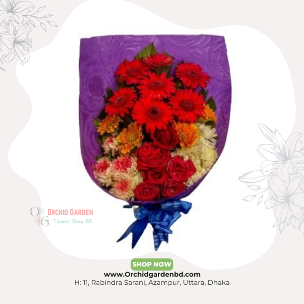 Red Gerbera Rose Purple Wrap Bouquet