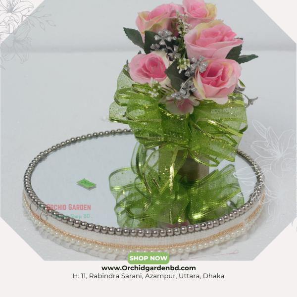 Silver Pearl Mirror Tray with Pink Floral Stand – Elegant Edition