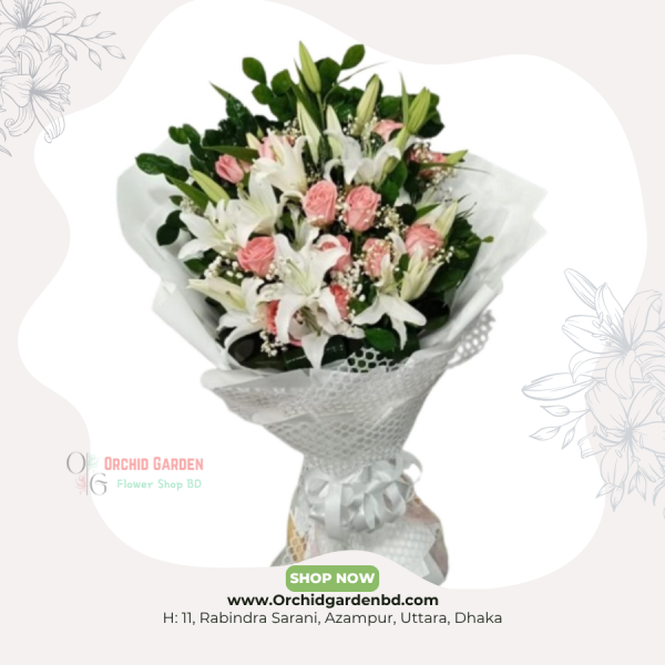 White Lily Pink Rose Harmony Bouquet