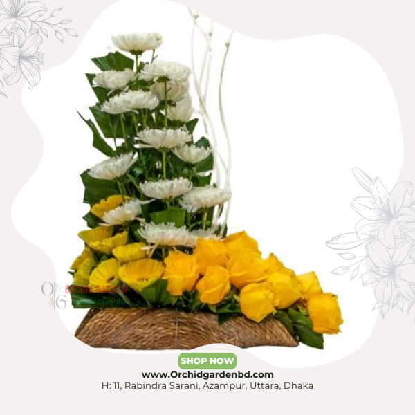Yellow Rose & White Chandramollika Basket Arrangement