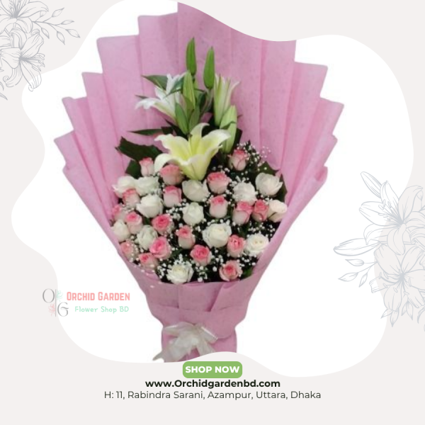 Pink & White Roses With Lily Premium Bouquet