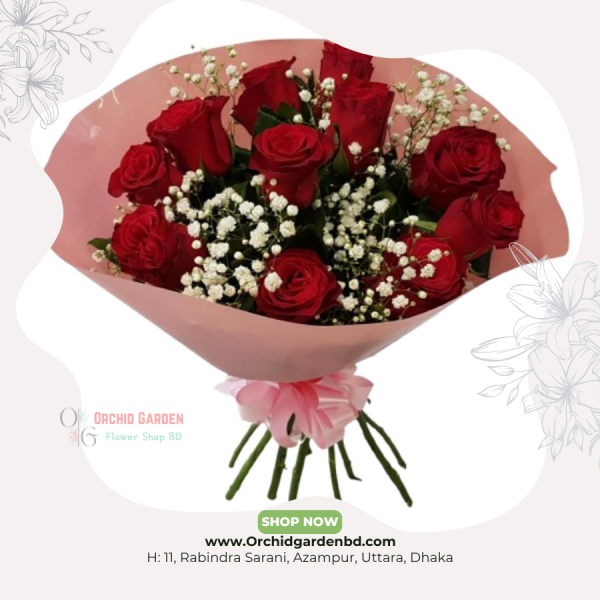 Classic Red Rose & Gypsy Bouquet – Soft Pink Edition